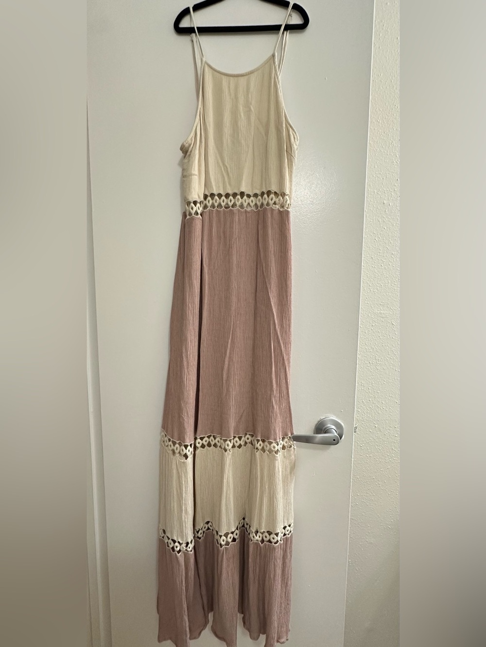 entro Two-Tone Cream and Dusty Rose Maxi Dress with Crochet Bands